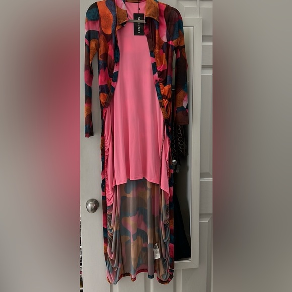 Collared Buttoned Front Ruched Colorblock Mesh Dress - Picture 3 of 6